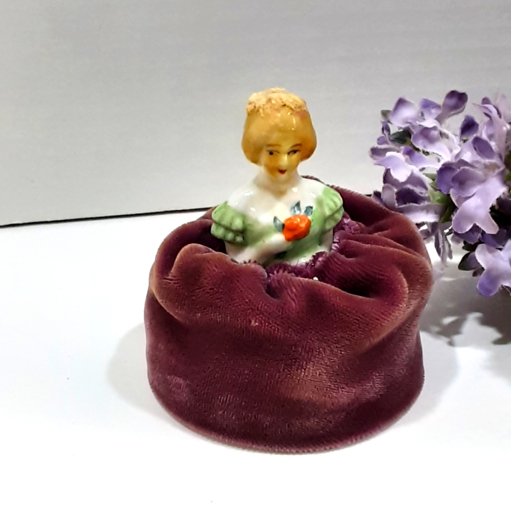 Vintage Pin Cushion Porcelain Half Doll as is 2 3/4" Tall Cottagecore